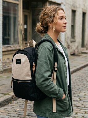 STATE Kane Backpack Black Tan Canvas Laptop Bag School Travel Rucksack